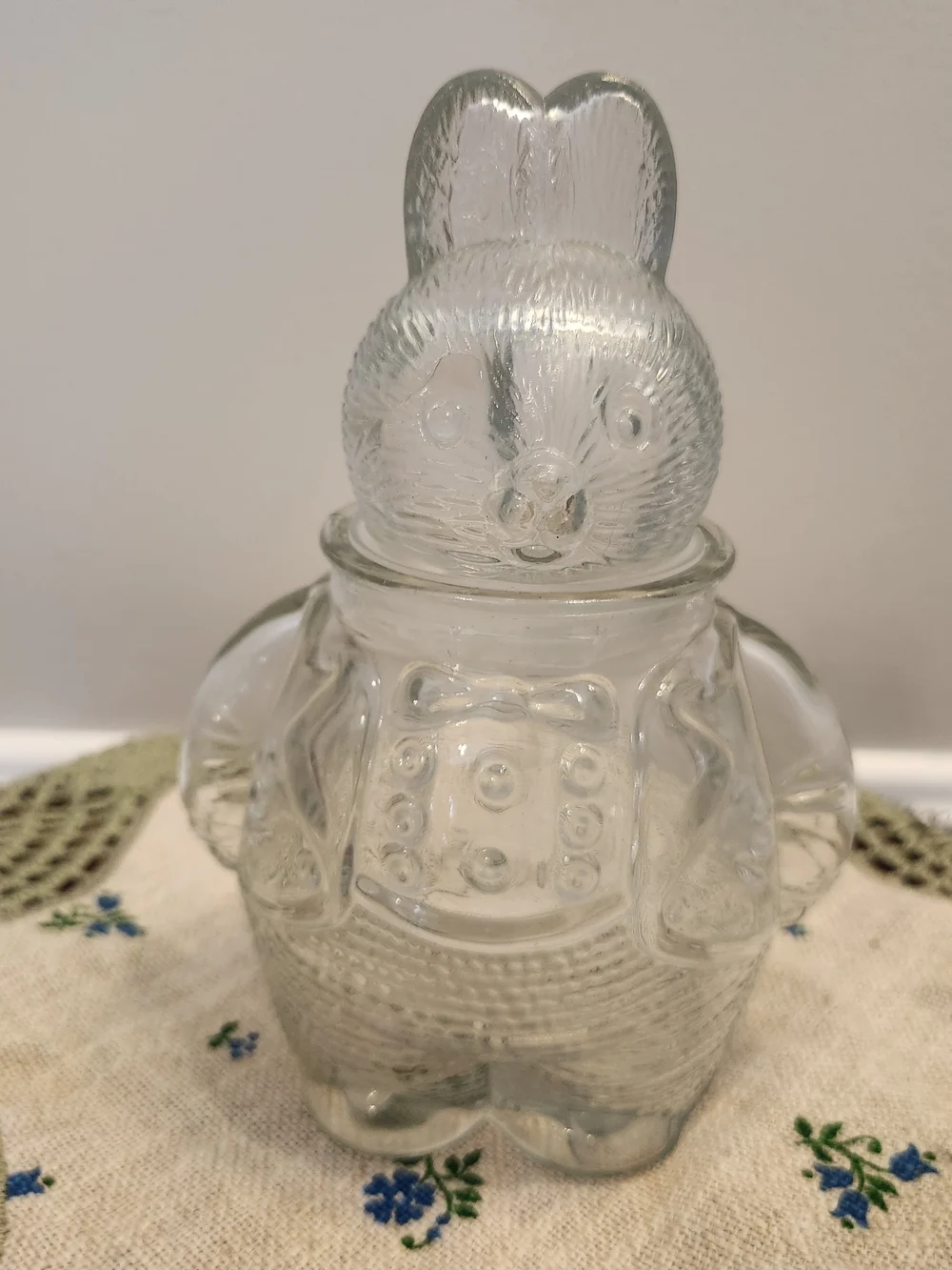 Vintage Clear Pressed Glass Chubby Bunny Rabbit Two Piece Candy Jar